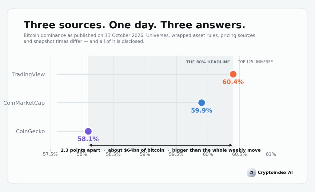 Три источника на 13 октября 2026. TradingView 60,4%, CoinMarketCap 59,9%, CoinGecko 58,1%. Разрыв в 2,3 пункта это около $64 млрд биткоина.