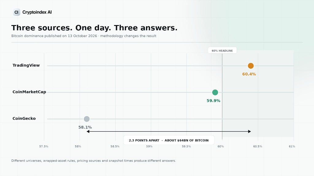 Three sources on 13 October 2026. TradingView showed 60.4%, CoinMarketCap 59.9% and CoinGecko 58.1%. The spread is 2.3 points, about $64 billion of bitcoin.