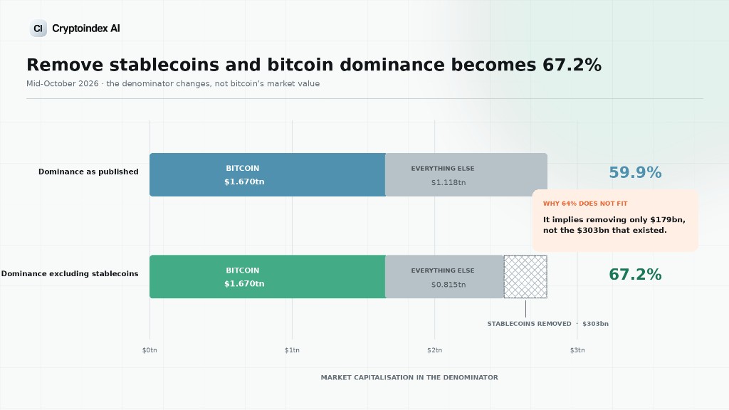 Remove stablecoins and bitcoin dominance becomes 67.2%. Raw dominance is 59.9%, with bitcoin at $1.670 trillion of a $2.788 trillion market. Excluding $303 billion of stablecoins leaves a $2.485 trillion denominator. A 64% reading would mean removing only about $179 billion.