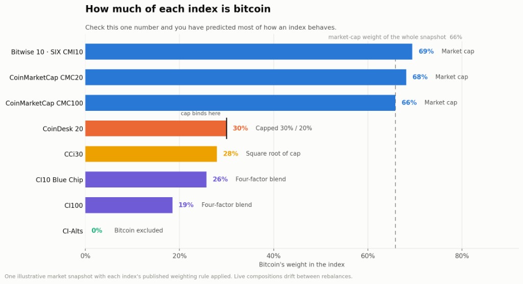 One market snapshot, each index's published rule applied. Everything above the dashed line is more concentrated than the market itself; everything below it is a deliberate tilt away.