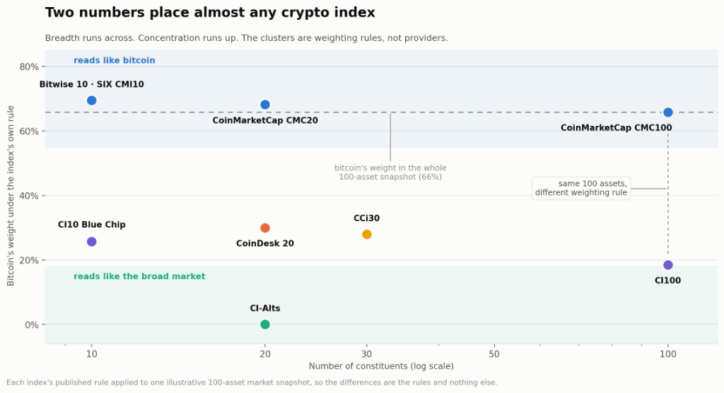 Two numbers place almost any crypto index. Breadth runs across, concentration runs up, and the clusters are weighting rules rather than providers.