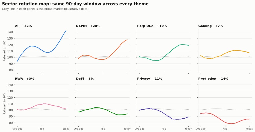 Eight small panels comparing AI, DePIN, Perp DEX, Gaming, RWA, DeFi, Privacy and Prediction sector indices over 90 days, each rebased to 100 with a grey broad-market line.