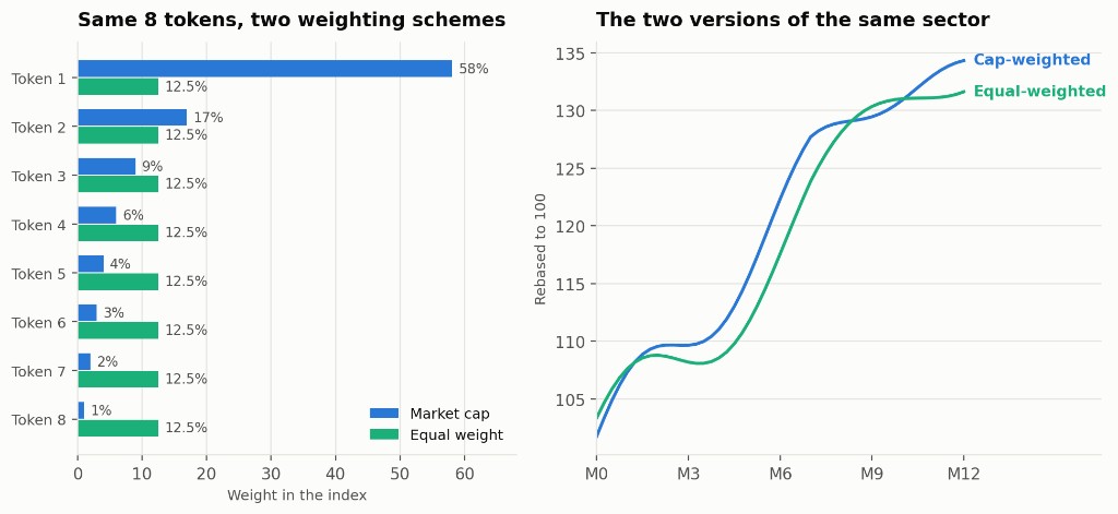 Left: bar chart comparing market-cap and equal weights for eight tokens. Right: 12-month performance of the cap-weighted and equal-weighted versions of the same sector, rebased to 100.