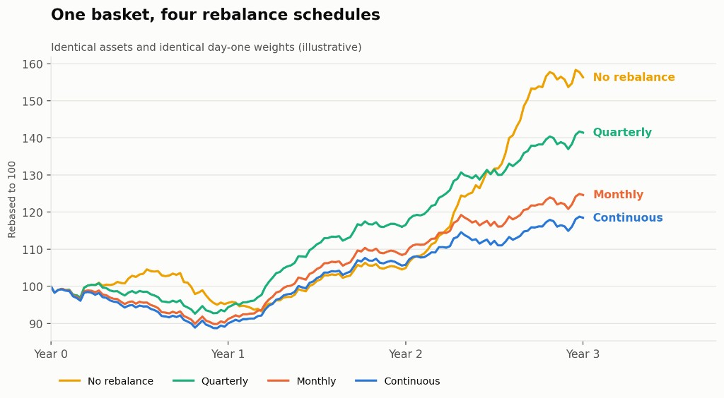 Illustrative line chart of one basket under four rebalance schedules over three years, rebased to 100. No rebalance finishes highest, then quarterly, monthly and continuous.