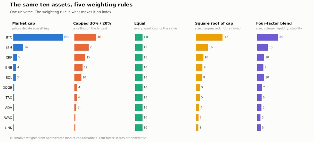 One universe, five answers. The weighting rule is the index.