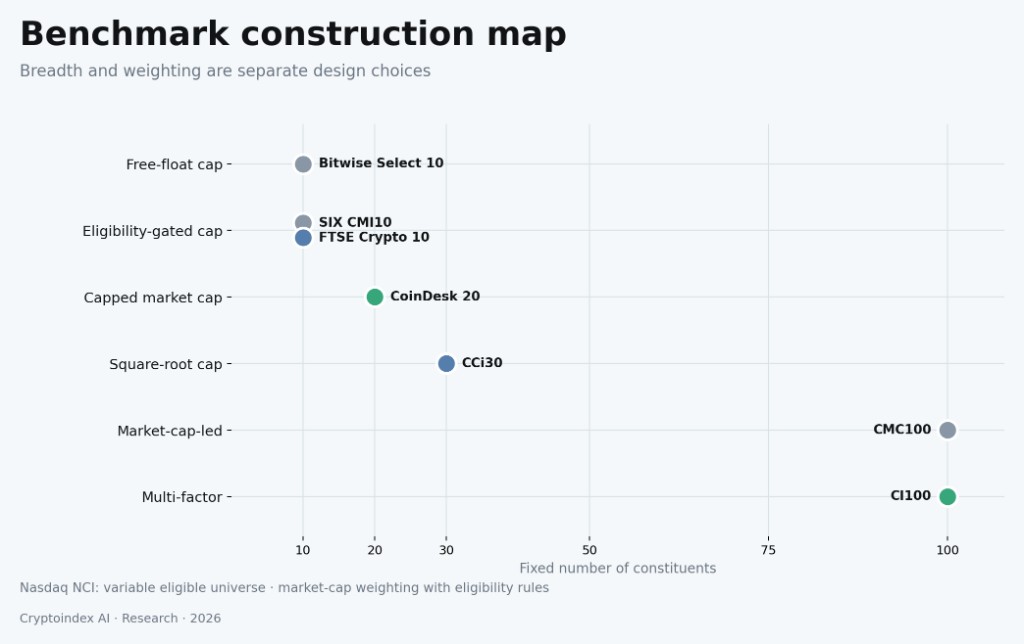 Benchmark construction map. Breadth and weighting are separate design choices: free-float cap, eligibility-gated cap, capped market cap, square-root cap, market-cap-led and multi-factor, plotted against a fixed constituent count. Nasdaq NCI sits off the chart as a variable eligible universe.