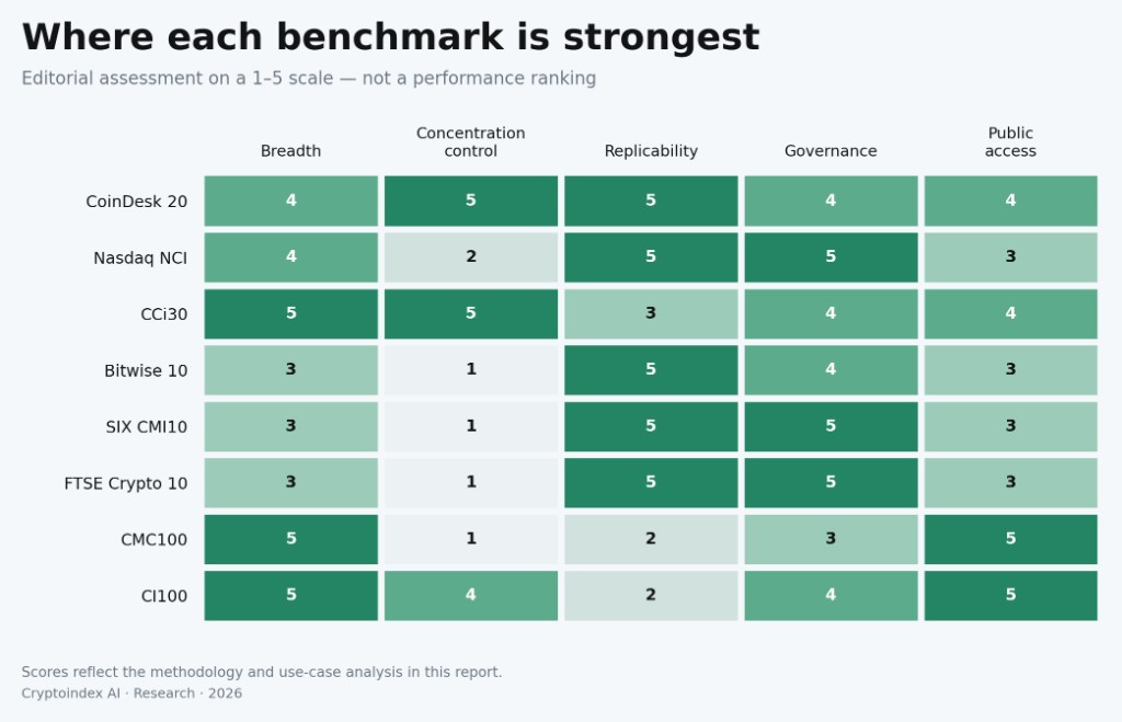 Where each benchmark is strongest. Editorial scores from 1 to 5 for breadth, concentration control, replicability, governance and public access. This is a use-case assessment, not a performance ranking.
