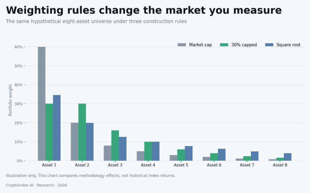 Weighting rules change the market you measure. The same hypothetical eight-asset universe under market cap, a 30% cap and square-root weighting. Illustrative only: methodology effects, not historical index returns.