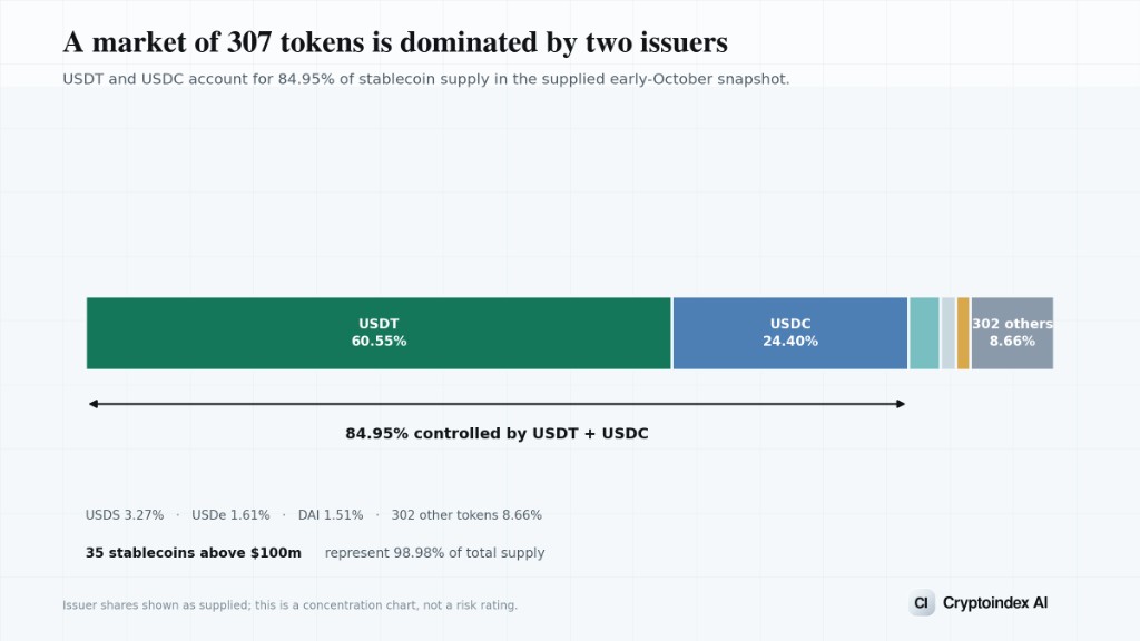 A market of 307 tokens is dominated by two issuers. USDT and USDC account for 84.95% of stablecoin supply in the early-October snapshot.
