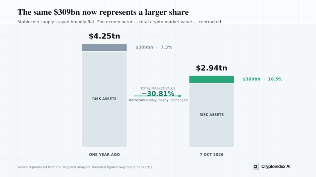 The same $309 billion now represents a larger share. Supply stayed broadly flat while total crypto market value fell from $4.25tn to $2.94tn, so those dollars rose from about 7.3% to 10.5%.